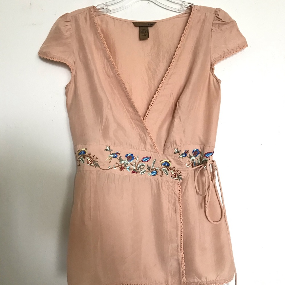 H&M Embroidered Wrapped Silk Blouse